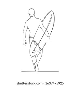 Continuous line drawing of sport man holding surfboard from back view. Vector illustration.