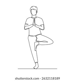 Dibujo de línea continua de hombre deportivo comprometido en pose de yoga. Ilustración vectorial Ejercicio de relajación Vida saludable Croquis editable del golpe