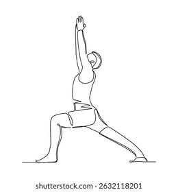 Desenho de linha contínua do homem do esporte envolvido na pose de ioga. Ilustração vetorial relaxando o exercício vida saudável esboço de traço editável