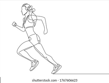 Continuous line drawing. Sport running woman on white background. Vector illustration