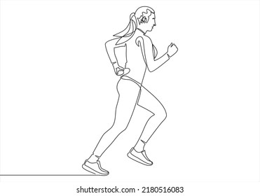 Continuous line drawing. Sport running woman on white background. Vector illustration