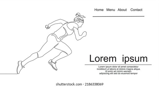 Continuous line drawing. Sport running woman on white background. Vector illustration. Can used for logo, emblem, slide show and banner. Illustration with quote template.