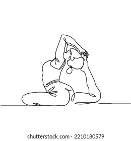 Continuous line drawing of sport woman in yoga on white background. Hand drawn single line vector illustration