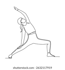 Continuous line drawing of sport woman engaged in yoga pose. Vector illustration relaxing excercise healthy life editable stroke sketch