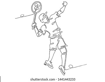 Continuous line drawing of sports, Badminton player, Logo, Icon, Exercise, Symbol, Vector illustration.