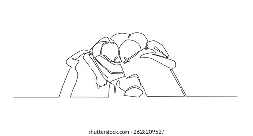 desenho de linha contínua do time de esportes abraçando antes da partida, estratégia de definição, rezando juntos.ilustração vetor de linha única do grupo de jogadores de futebol.isolado no fundo branco