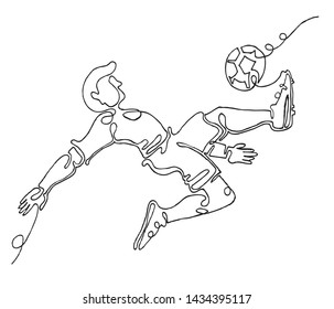 Continuous line drawing of Sports training, Soccer football player kicks the ball, Logo, Exercise, Symbol, Vector illustration.