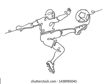 Continuous line drawing of Sports training, Soccer player kicks the football, Goal, Logo, Exercise, Symbol, Silhouette, Vector illustration, Background.