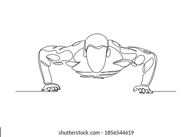 Continuous line drawing of sporty man training push up work out. One line art concept of gym fitness and healthy life style. Vector illustration