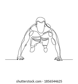 Continuous line drawing of sporty man training push up work out. One line art concept of gym fitness and healthy life style. Vector illustration