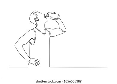 Continuous line drawing of sporty man drink energy water from bottle. One line art concept of healthy life style. Vector illustration