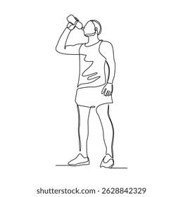Continuous line drawing of sporty man drink energy water from bottle. One single sketch art concept of healthy life style. Vector illustration editable stroke