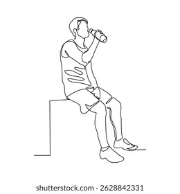 Continuous line drawing of sporty man drink energy water from bottle. One single sketch art concept of healthy life style. Vector illustration editable stroke