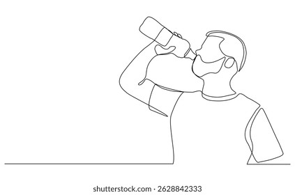 Continuous line drawing of sporty man drink energy water from bottle. One single sketch art concept of healthy life style. Vector illustration editable stroke