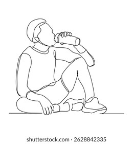 Continuous line drawing of sporty man drink energy water from bottle. One single sketch art concept of healthy life style. Vector illustration editable stroke
