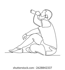 Continuous line drawing of sporty man drink energy water from bottle. One single sketch art concept of healthy life style. Vector illustration editable stroke