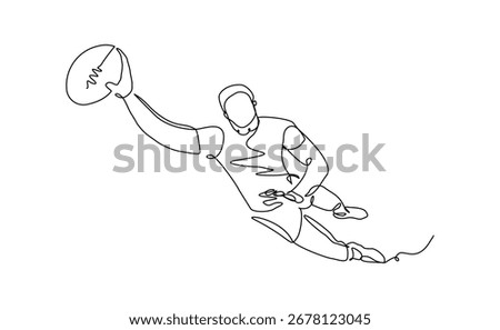 Continuous line drawing of sporty man rugby football athlete. Sport competition editable stroke vector illustration
