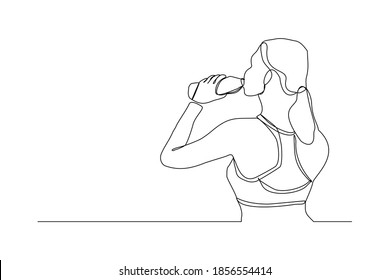 Continuous Line Drawing Of Sporty Woman Drink Energy Water From Bottle. One Line Art Concept Of Healthy Life Style. Vector Illustration