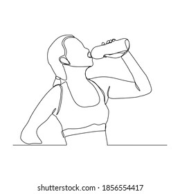 Continuous line drawing of sporty woman drink energy water from bottle. One line art concept of healthy life style. Vector illustration