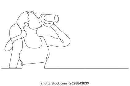 Continuous line drawing of sporty woman drink energy water from bottle. One single sketch art concept of healthy life style. Vector illustration editable stroke
