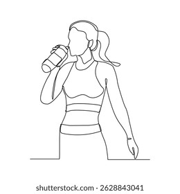 Continuous line drawing of sporty woman drink energy water from bottle. One single sketch art concept of healthy life style. Vector illustration editable stroke