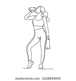Continuous line drawing of sporty woman drink energy water from bottle. One single sketch art concept of healthy life style. Vector illustration editable stroke