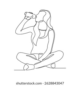 Continuous line drawing of sporty woman drink energy water from bottle. One single sketch art concept of healthy life style. Vector illustration editable stroke