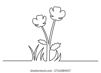 Dibujo de línea continua de flores de primavera y hierba silvestre, ilustración de boceto botánico minimalista