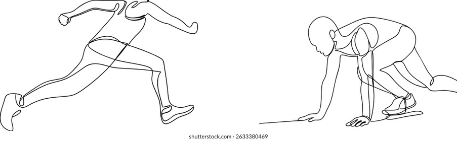 Continuous line drawing of a sprinter in running and starting positions isolated