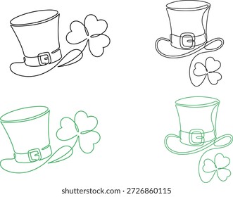 Dibujo de línea continuo del día de San Patricio sombrero de duende e íconos de trébol de trébol Ilustraciones vectoriales