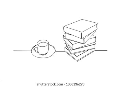 Continuous line drawing of a stack of book beside a cup of coffee at work desk. Writing draft business concept. Modern single one line art draw design vector graphic illustration