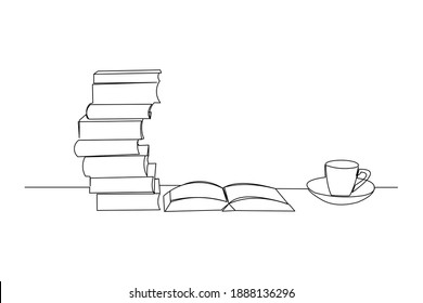 Continuous line drawing of a stack of book beside a cup of coffee at work desk. Writing draft business concept. Modern single one line art draw design vector graphic illustration