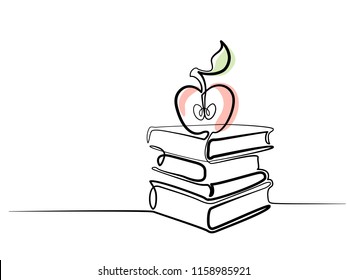 Continuous line drawing. Stack of books with apple. Vector illustration