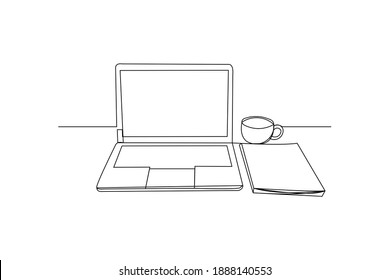 Continuous line drawing of stack of books line up with computer laptop, book and a cup of coffee. One line of study space desk concept. Single line draw design vector illustration