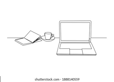 Continuous line drawing of stack of books line up with computer laptop, book and a cup of coffee. One line of study space desk concept. Single line draw design vector illustration