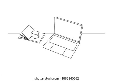 Continuous line drawing stack books line up and computer laptop  book   cup coffee  One line study space desk concept  Single line draw design vector illustration