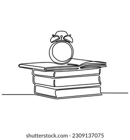Continuous line drawing of stack of books and clock