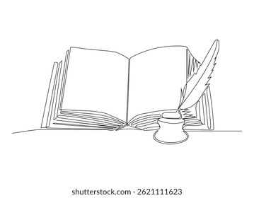 continuous line drawing of stack of books, ink and quill pen on the office desk. Old antique writing equipment for writer or student concept.	
