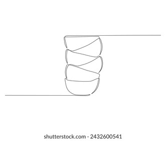 Continuous Line Drawing Of Stack Of Bowls. One Line Of Bowls. Bowls Continuous Line Art. Editable Outline.
