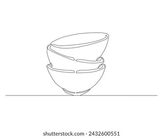 Continuous Line Drawing Of Stack Of Bowls. One Line Of Bowls. Bowls Continuous Line Art. Editable Outline.
