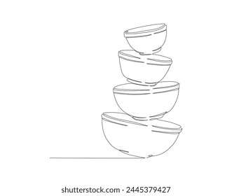 Continuous Line Drawing Of Stack Of Bowls. One Line Of Bowls. Kitchenware concept Continuous Line Art. Editable Outline.
