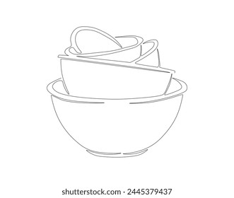 Continuous Line Drawing Of Stack Of Bowls. One Line Of Bowls. Kitchenware concept Continuous Line Art. Editable Outline.
