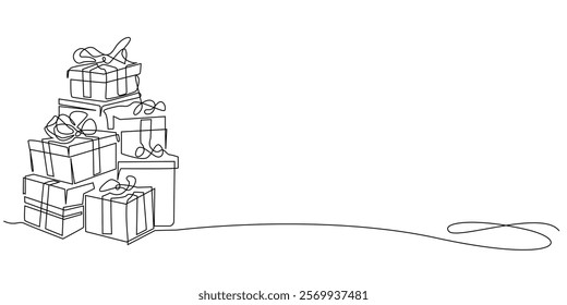 continuous line drawing of stack of gift boxes.one line drawing of gift boxes.several gift boxes arranged upwards.single line vector illustration.isolated white background