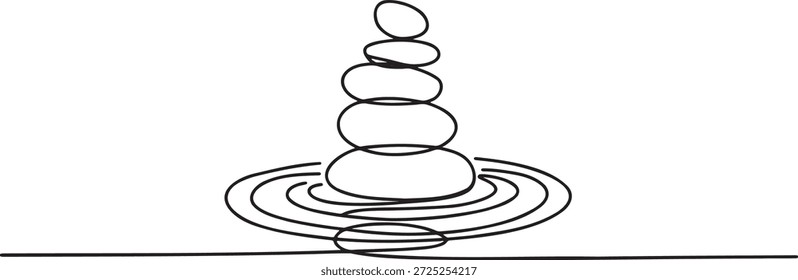 Desenho de linha contínua de pedras de caril empilhadas. Zen e símbolo de meditação. Ilustração de equilíbrio e harmonia. Spa e conceito de bem-estar. Gráfico da natureza e da paz.