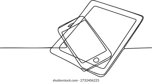 Continuous line drawing of stacked electronic devices illustrating digital connectivity. Single line art of tablet and smartphone representing technology. Outline illustration of modern communication tools. Minimalist concept of digital gadgets.