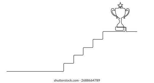 Dibujo de línea continua de una escalera que conduce a un trofeo con una estrella en la parte superior, ilustrado en un estilo lineal minimalista. Adecuado para conceptos de éxito, ilustración de logros, motivación empresarial.