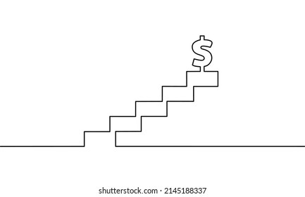 Dibujo continuo de líneas de escaleras con dólar, crecimiento de negocios, escalera de gráfico de crecimiento, objeto de una línea, arte de una sola línea, ilustración vectorial