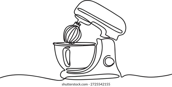 Dibujo de línea continuo de un mezclador de soporte, dibujo minimalista de una línea de un electrodoméstico de cocina, arte creativo de una sola línea de un mezclador de alimentos con un batidor, simplicidad moderna en un solo movimiento continuo, elemento de Diseño gráfico simple, elegante herramienta culinaria.