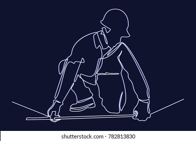Continuous line drawing. Standing builder man makes measuring by ruler. Vector illustration on white background