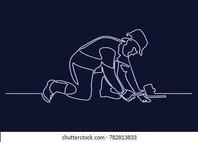 Continuous line drawing. Standing builder Man with a hammer. Vector illustration on white background